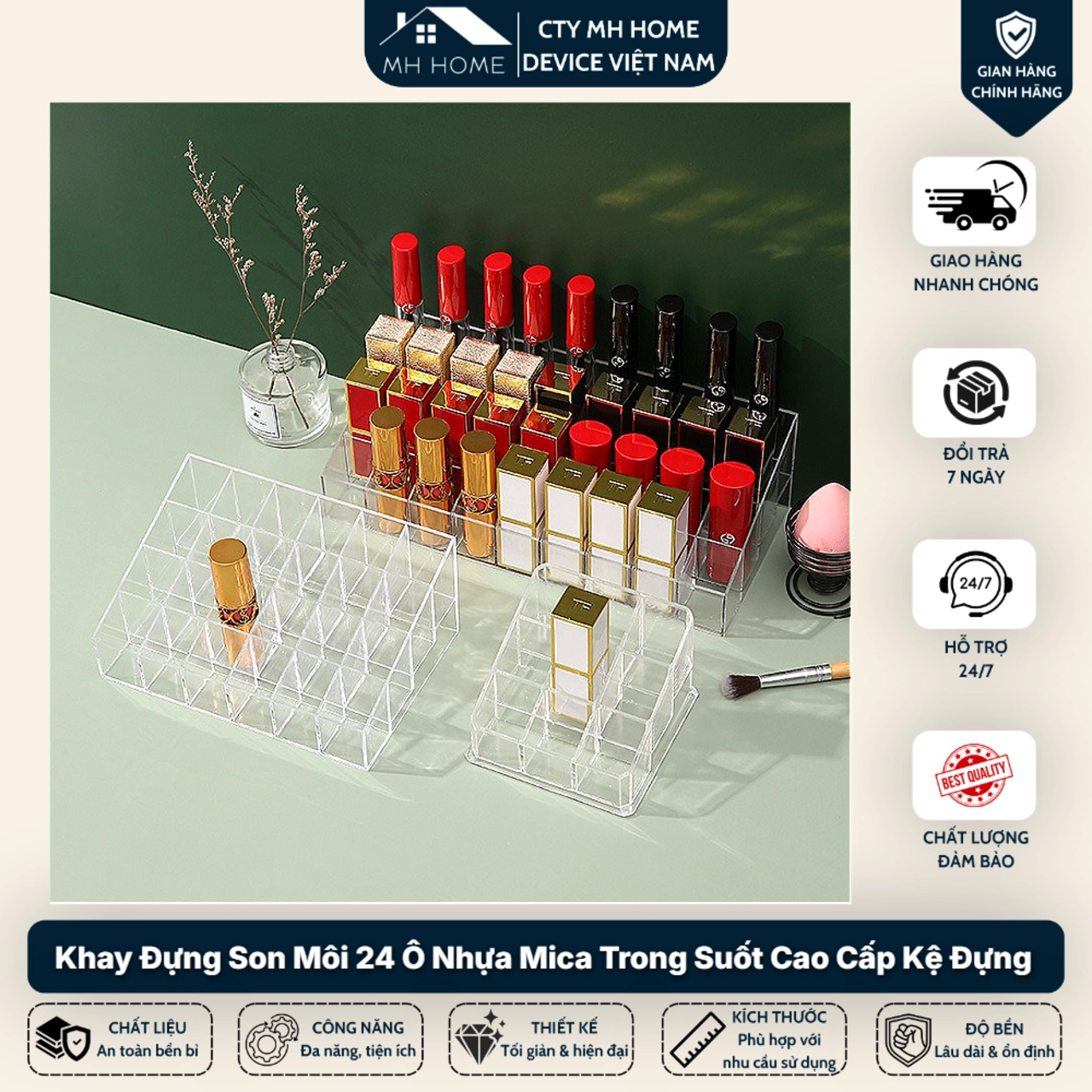 Khay Đựng Son Môi 24 Ô Nhựa Mica Trong Suốt Cao Cấp Kệ Đựng Mỹ Phẩm Trang Sức - MH HOME